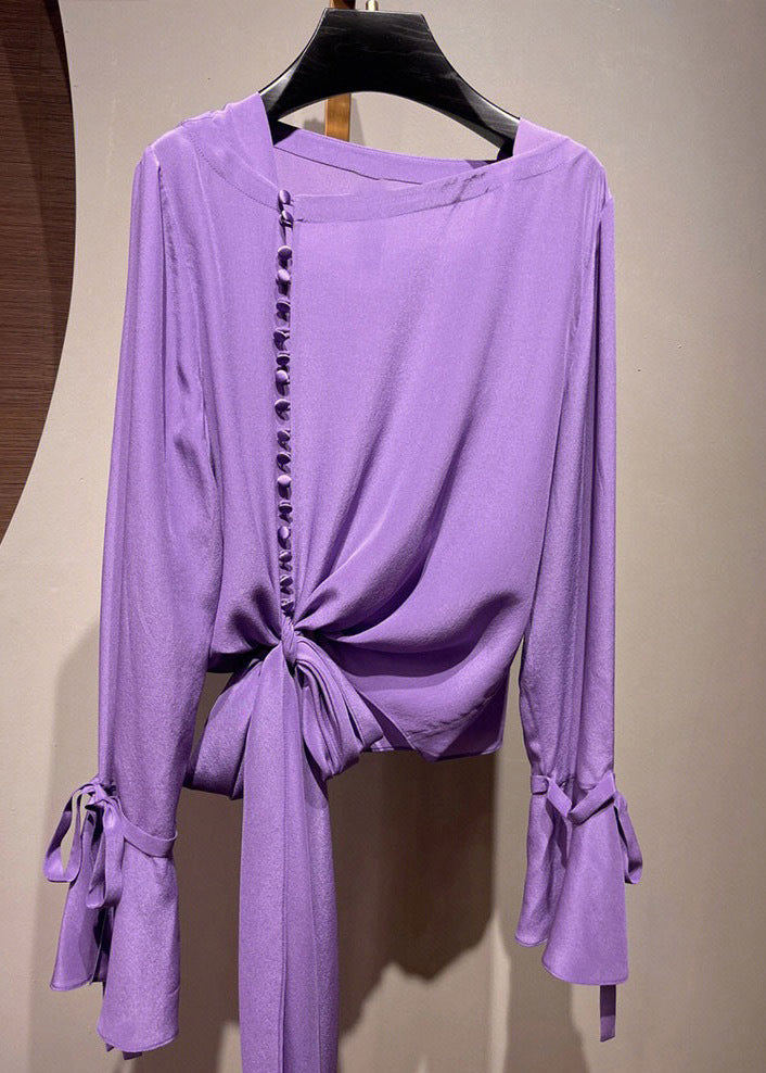 Chic Purple Asymmetrical Tie Waist Shirt Fall