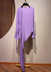 Chic Purple Asymmetrical Tie Waist Shirt Fall