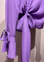 Chic Purple Asymmetrical Tie Waist Shirt Fall