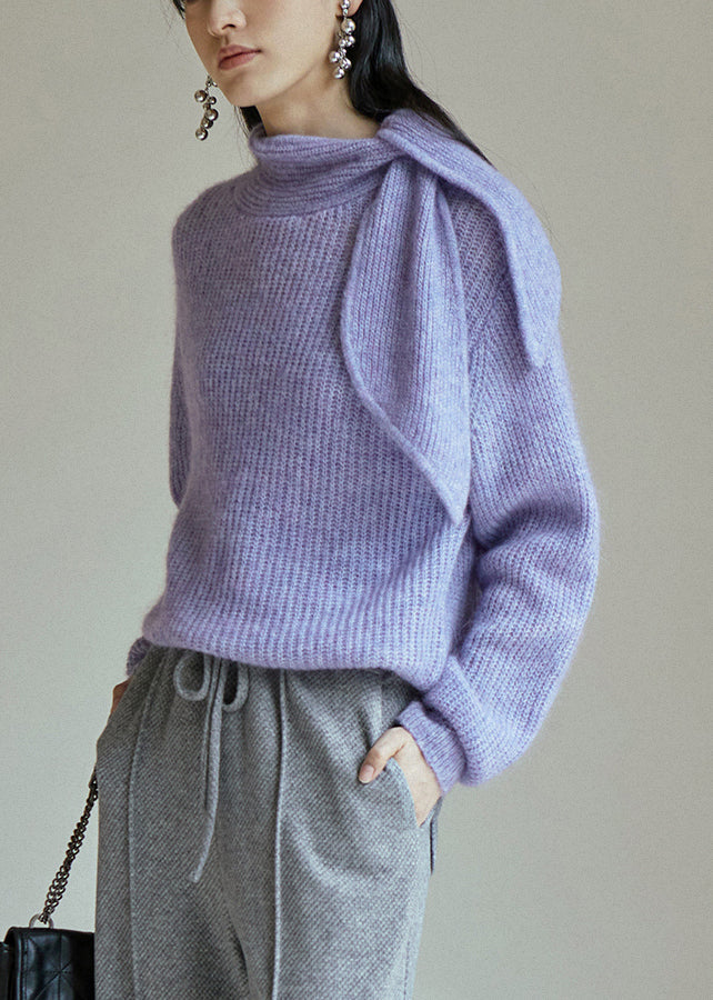 Chic Purple Lace Up Patchwork Cozy Knit Sweaters Fall