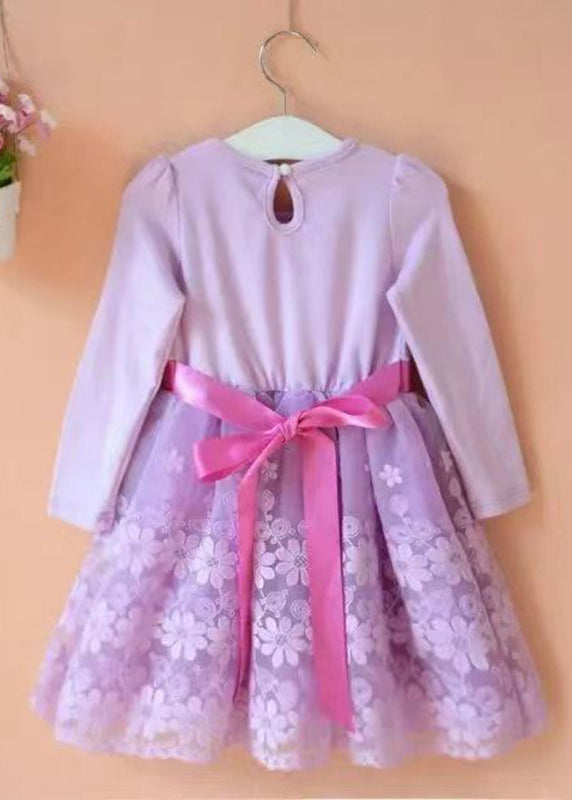 Chic Purple O-Neck Embroideried Floral Patchwork Tie Waist Tulle Kids Mid Dress Long Sleeve