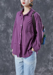 Chic Purple Oversized Patchwork Linen Blouses Summer