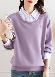 Chic Purple Patchwork False Two Pieces Cotton Top Fall