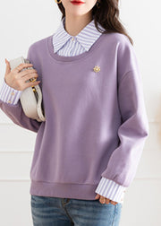 Chic Purple Patchwork False Two Pieces Cotton Top Fall