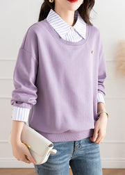 Chic Purple Patchwork False Two Pieces Cotton Top Fall