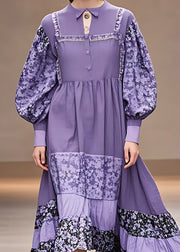 Chic Purple Print Patchwork Cotton Maxi Dresses Long Sleeve