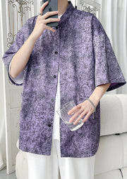 Chic Purple Print Pockets Ice Silk Men Shirt Half Sleeve