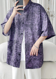 Chic Purple Print Pockets Ice Silk Men Shirt Half Sleeve