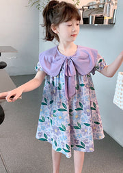 Chic Purple Print Wrinkled Patchwork Cotton Baby Girls Dress Summer