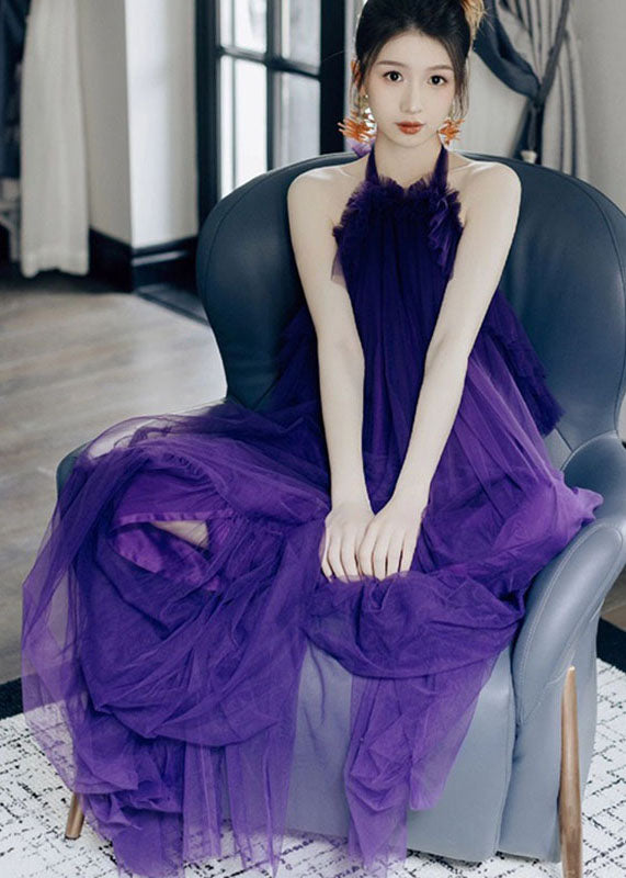 Chic Purple Ruffled Patchwork Halter Tulle Long Dresses Sleeveless