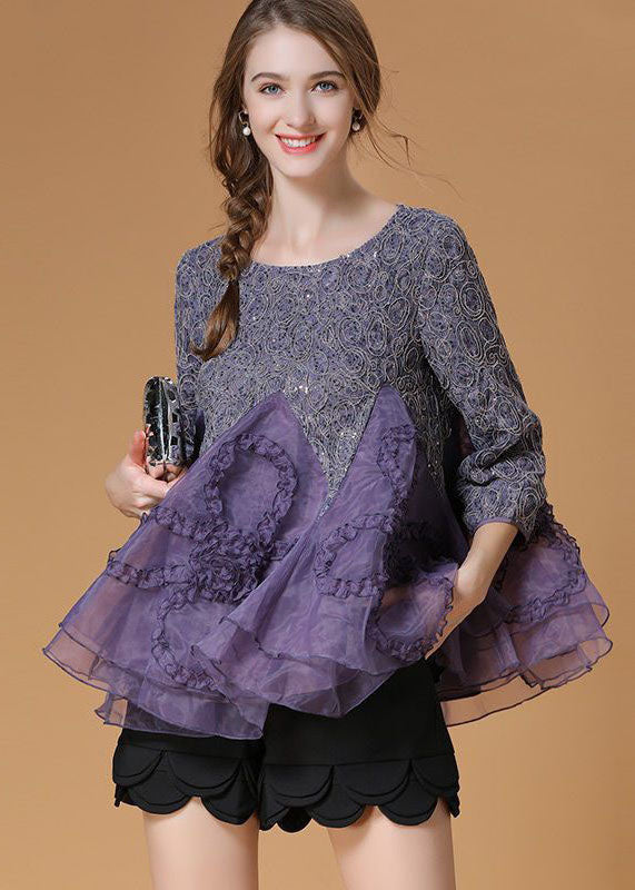 Chic Purple Ruffled Patchwork Organza Shirt Top Bracelet Sleeve