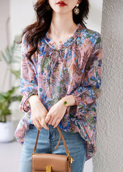 Chic Purple Ruffled Print Lace Up Cotton Shirt Tops Fall