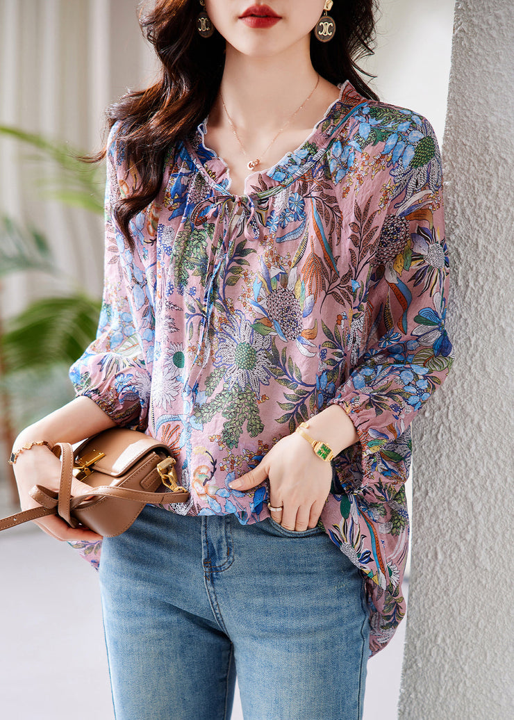 Chic Purple Ruffled Print Lace Up Cotton Shirt Tops Fall