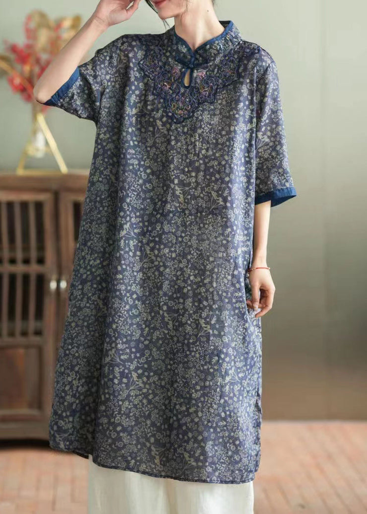 Chic Purple Stand Collar Embroideried Button Linen Long Dress Half Sleeve