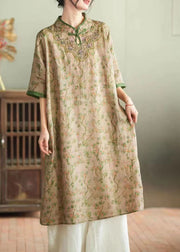 Chic Purple Stand Collar Embroideried Button Linen Long Dress Half Sleeve