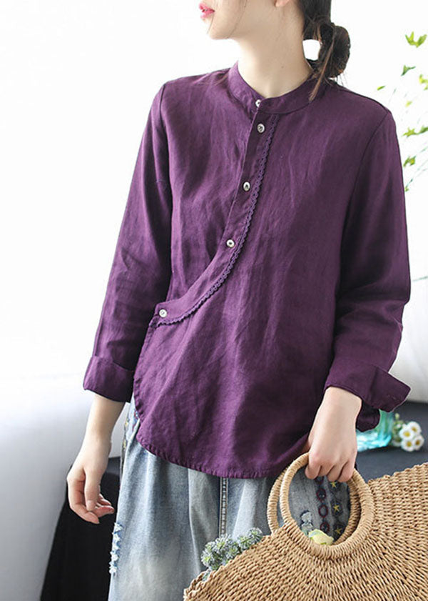 Chic Purple Stand Collar Lace Patchwork Linen Shirt Tops Long Sleeve