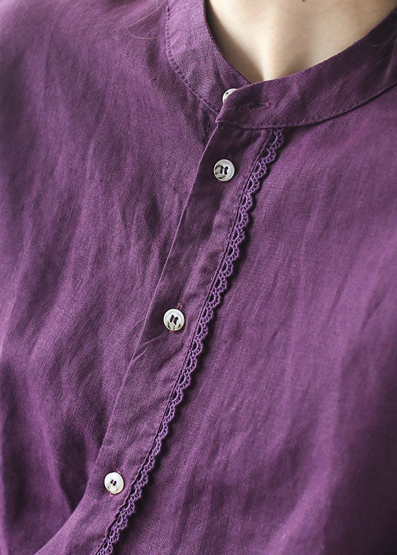 Chic Purple Stand Collar Lace Patchwork Linen Shirt Tops Long Sleeve