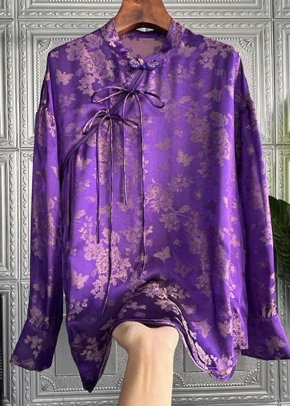 Chic Purple Stand Collar Print Lace Up Silk Shirt Top Spring