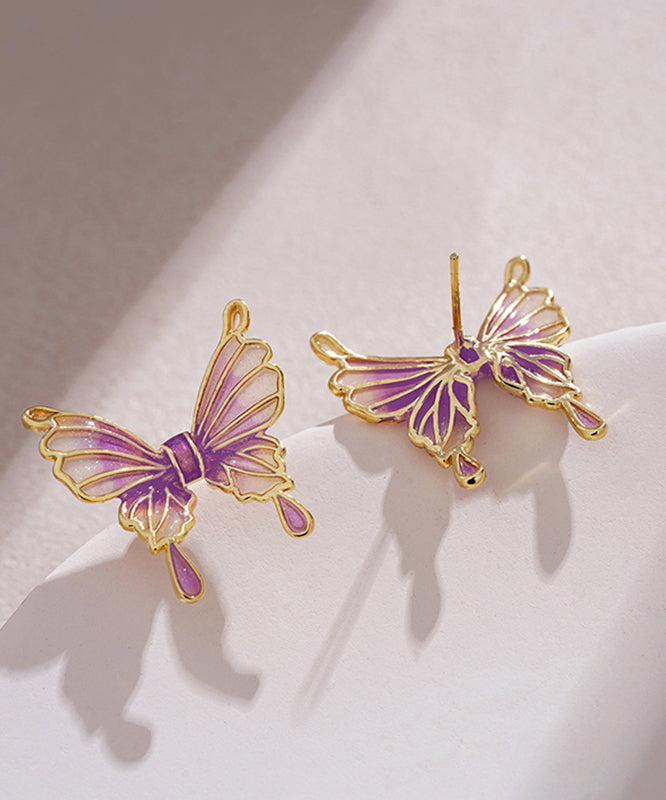 Chic Purple Sterling Silver Overgild Drip Glaze Butterfly Stud Earrings