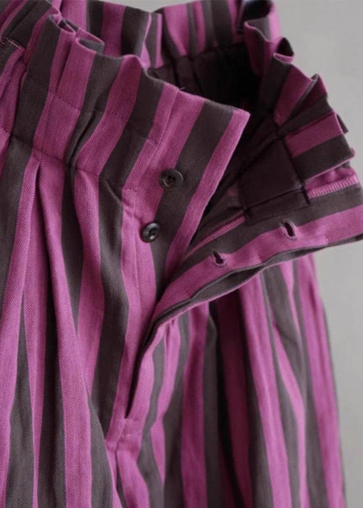 Chic Purple Striped Elastic Waist Cotton Wide Leg Pants Summer