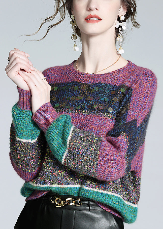 Chic Purple Striped Sequins Cashmere Knit Sweater Winter