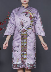 Chic Purple Tasseled Print Silk Cheongsam Dresses Summer