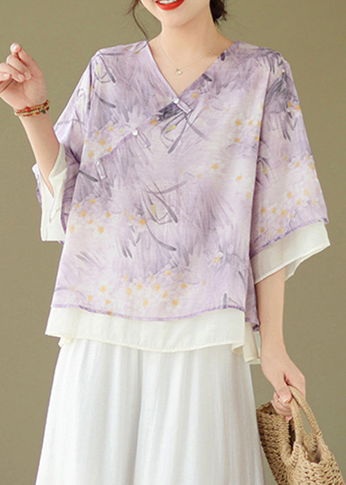 Chic Purple V Neck Button Print Cotton Shirt Flare Sleeve