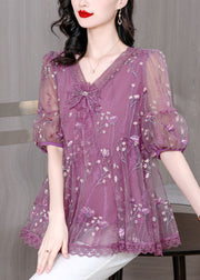 Chic Purple V Neck Embroidered Bow Lace Top Summer