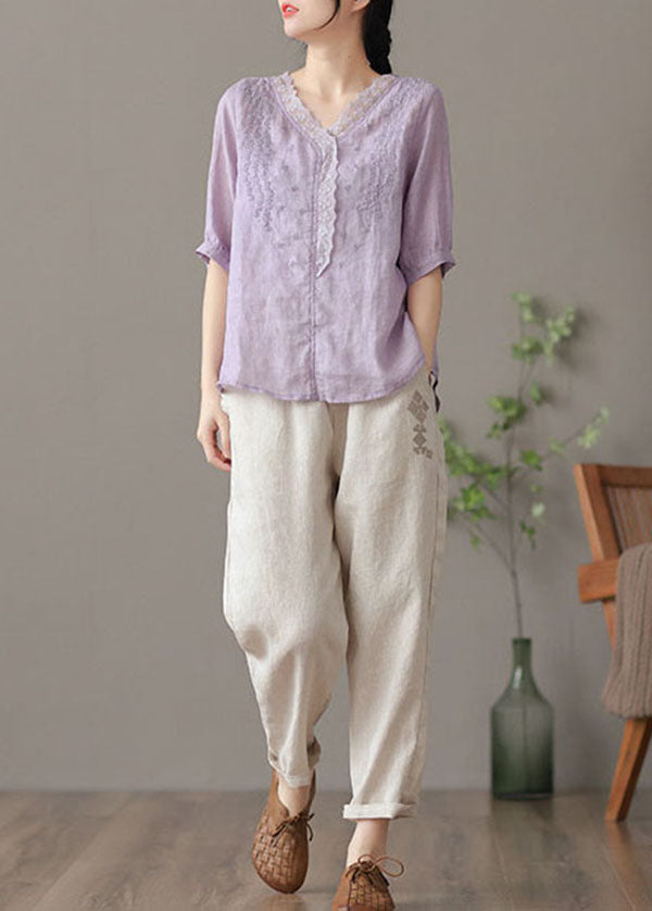 Chic Purple V Neck Embroideried Linen Blouse Tops Half Sleeve