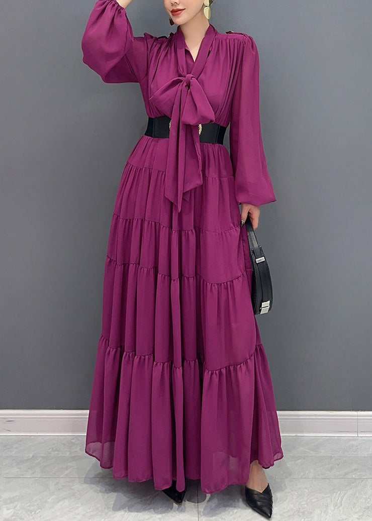 Chic Purple V Neck Patchwork Party Chiffon Long Dress Fall