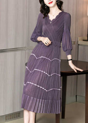 Chic Purple V Neck Patchwork Silk Pleated Dress Long Sleeve