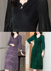 Chic Purple V Neck Patchwork Silk Pleated Dress Long Sleeve