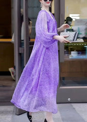 Chic Purple V Neck Print Chiffon Long Dresses Lantern Sleeve