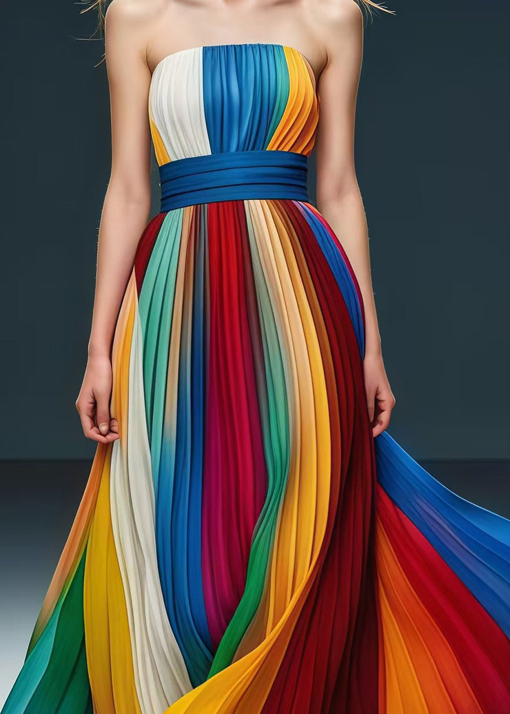 Chic Rainbow Cinched Exra Large Hem Chiffon Strapless Pleated Dress Summer