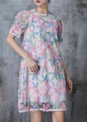 Chic Rainbow Puff Sleeve Floral Tulle Tea Dress Summer