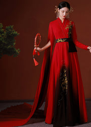 Chic Red Asymmetrical Embroidered Patchwork Chiffon Long Dress Fall