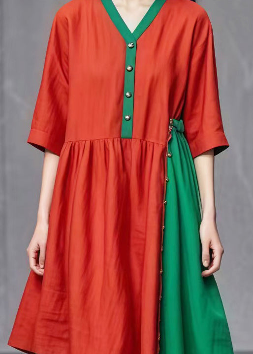 Chic Red Asymmetrical Patchwork Cotton Dresses Summer