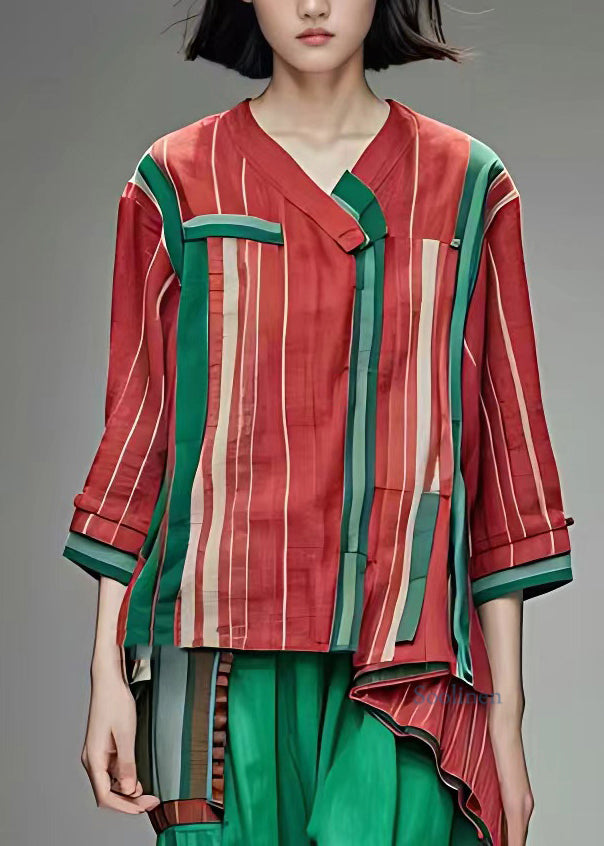 Chic Red Asymmetrical Striped Tassel Shirts Half Sleeve