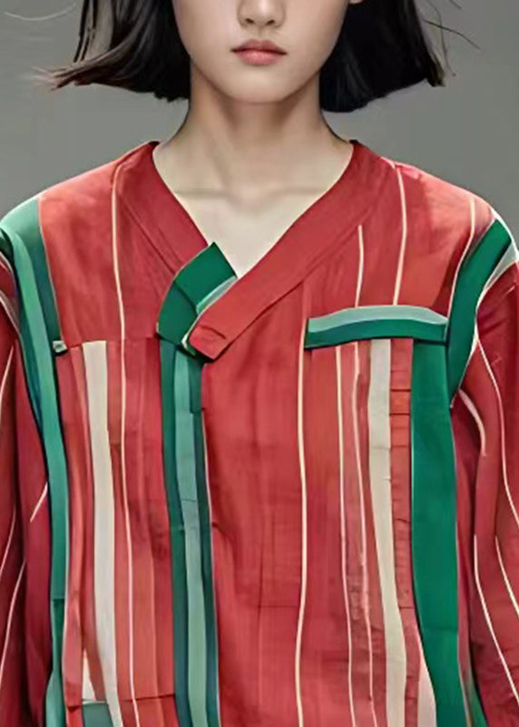 Chic Red Asymmetrical Striped Tassel Shirts Half Sleeve