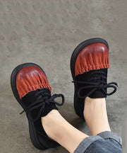 Chic Red Cowhide Leather Wrinkle Splicing Lace Up Flats Shoes