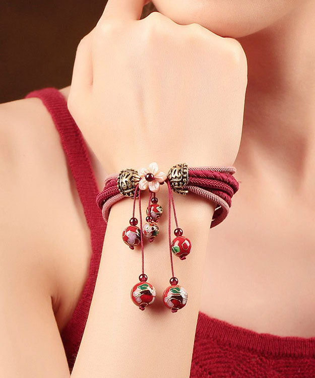 Chic Red Hand Knitting Alloy Cloisonne Shell Flower Charm Bracelet