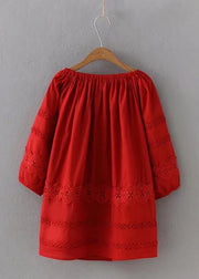 Chic Red Lace Patchwork Hollow Out Shirt Long Sleeve