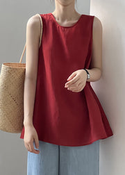 Chic Red Lace Up Solid Cotton Tops Sleeveless