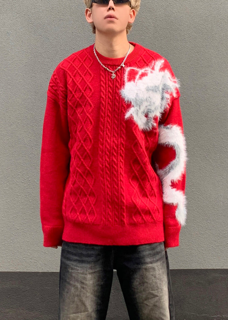 Chic Red O Neck Cozy Patchwork Knit Mens Sweaters Winter