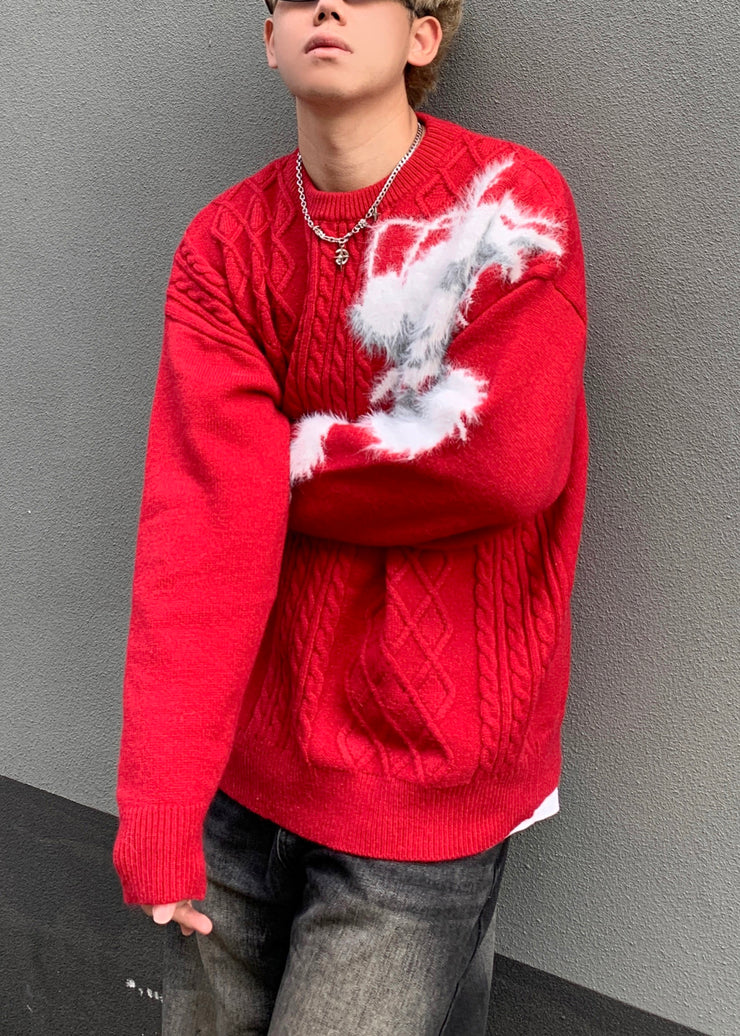 Chic Red O Neck Cozy Patchwork Knit Mens Sweaters Winter