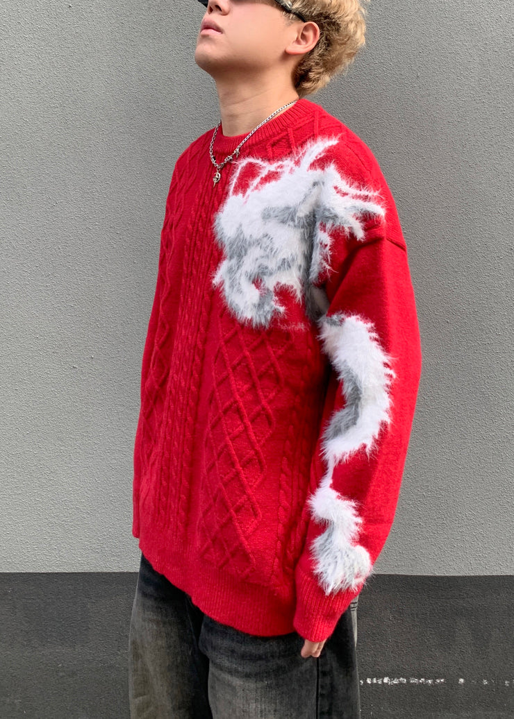 Chic Red O Neck Cozy Patchwork Knit Mens Sweaters Winter