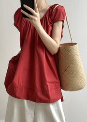 Chic Red O Neck Lace Up Loose Cotton Top Summer