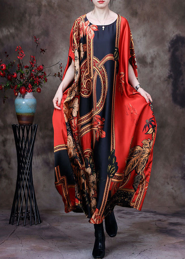 Chic Red O-Neck Oversized Print Silk Long Dress Short Sleeve