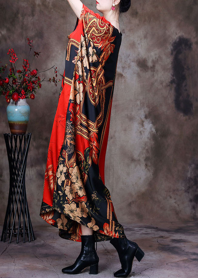 Chic Red O-Neck Oversized Print Silk Long Dress Short Sleeve