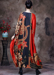 Chic Red O-Neck Oversized Print Silk Long Dress Short Sleeve